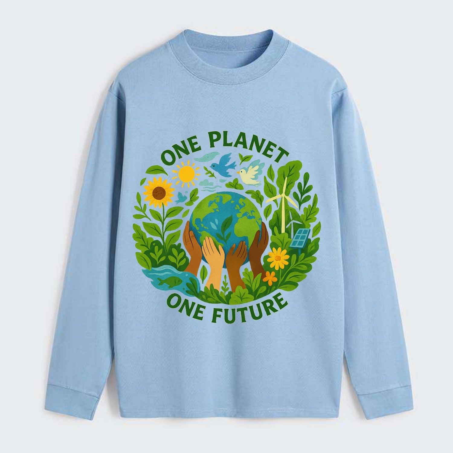 Globe surrounded by hands of all colors working together - "One Planet, - Classic Long Sleeve Shirt - Light Blue