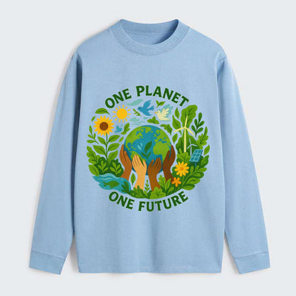 Globe surrounded by hands of all colors working together - "One Planet, - Classic Long Sleeve Shirt - Light Blue