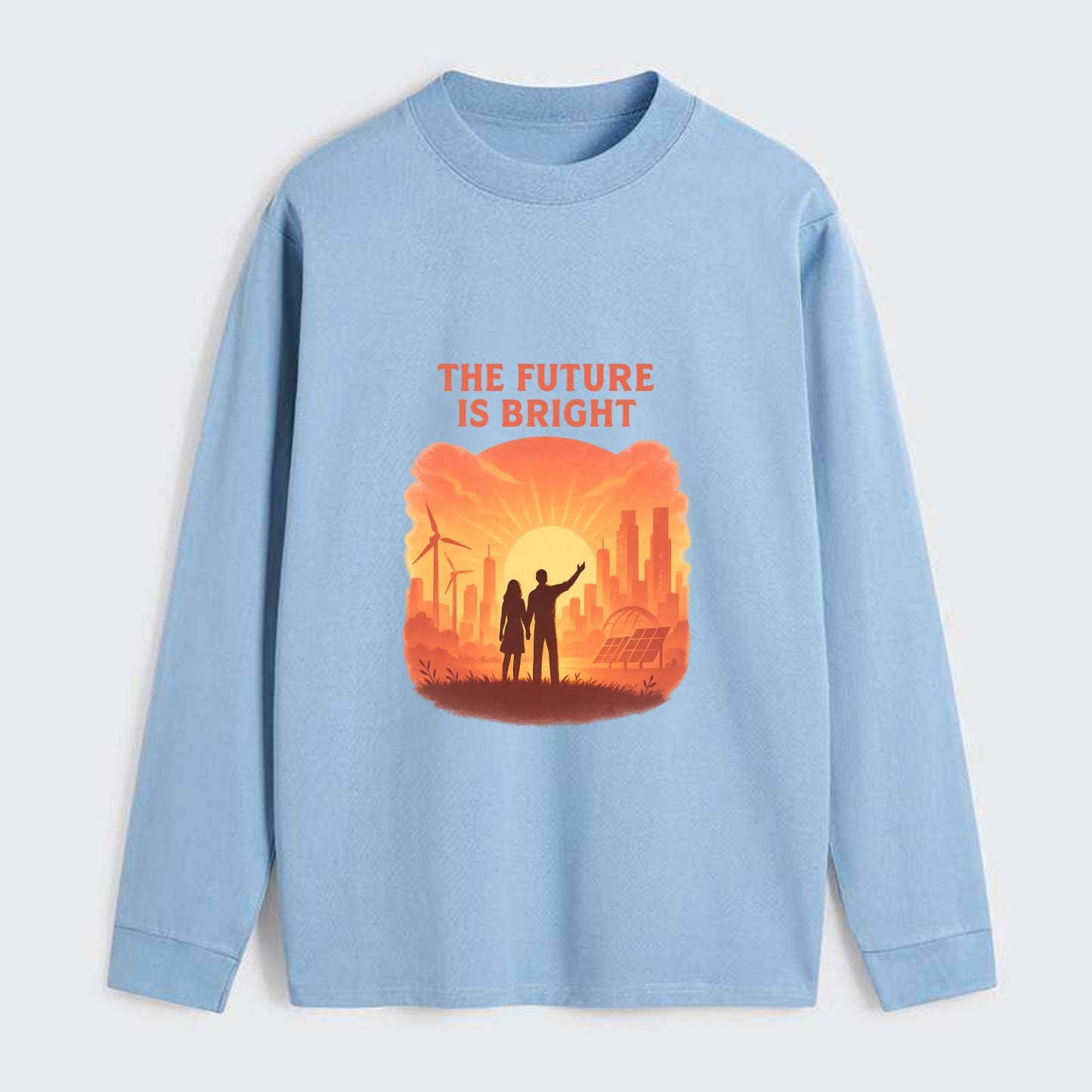 Sunrise over thriving sustainable city - "The Future is Bright" - - Classic Long Sleeve Shirt - Light Blue