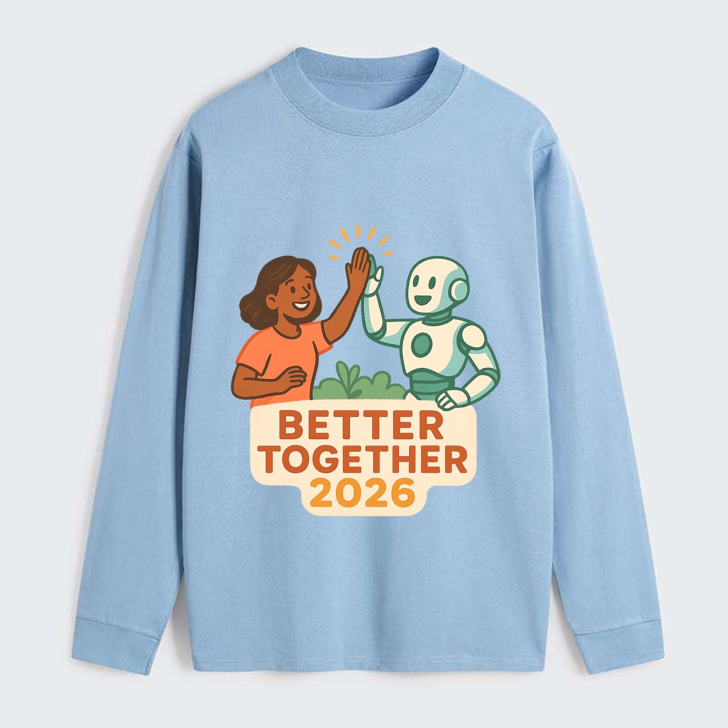 Human and AI robot high-fiving as collaborative partners - "Better - Classic Long Sleeve Shirt - Light Blue