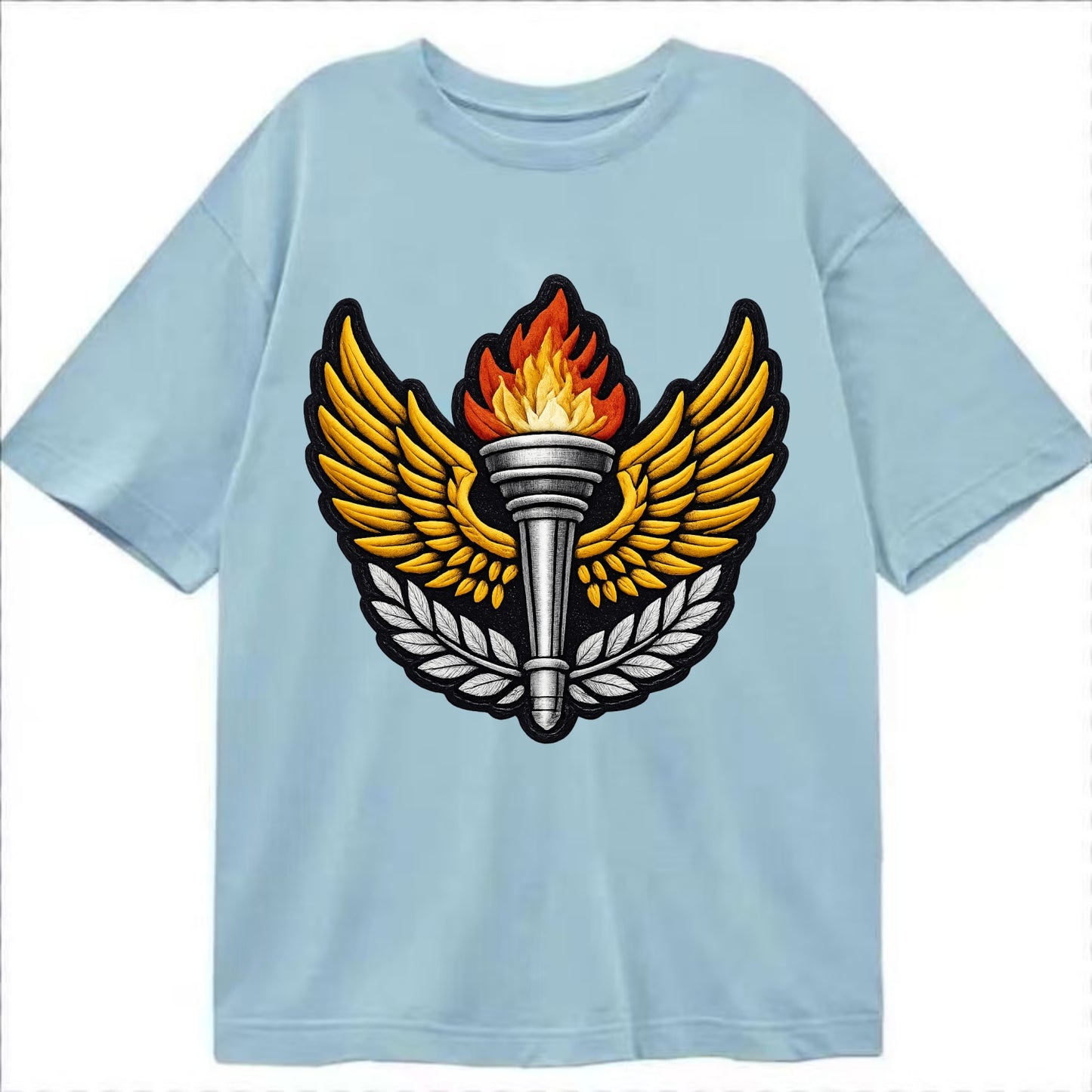 Embroidered patch design - TRACK AND FIELD TORCH - Olympic style torch with wings - Classic T-shirt - Light Blue