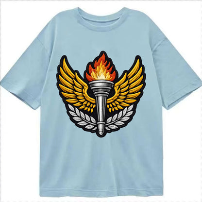 Embroidered patch design - TRACK AND FIELD TORCH - Olympic style torch with wings - Classic T-shirt - Light Blue