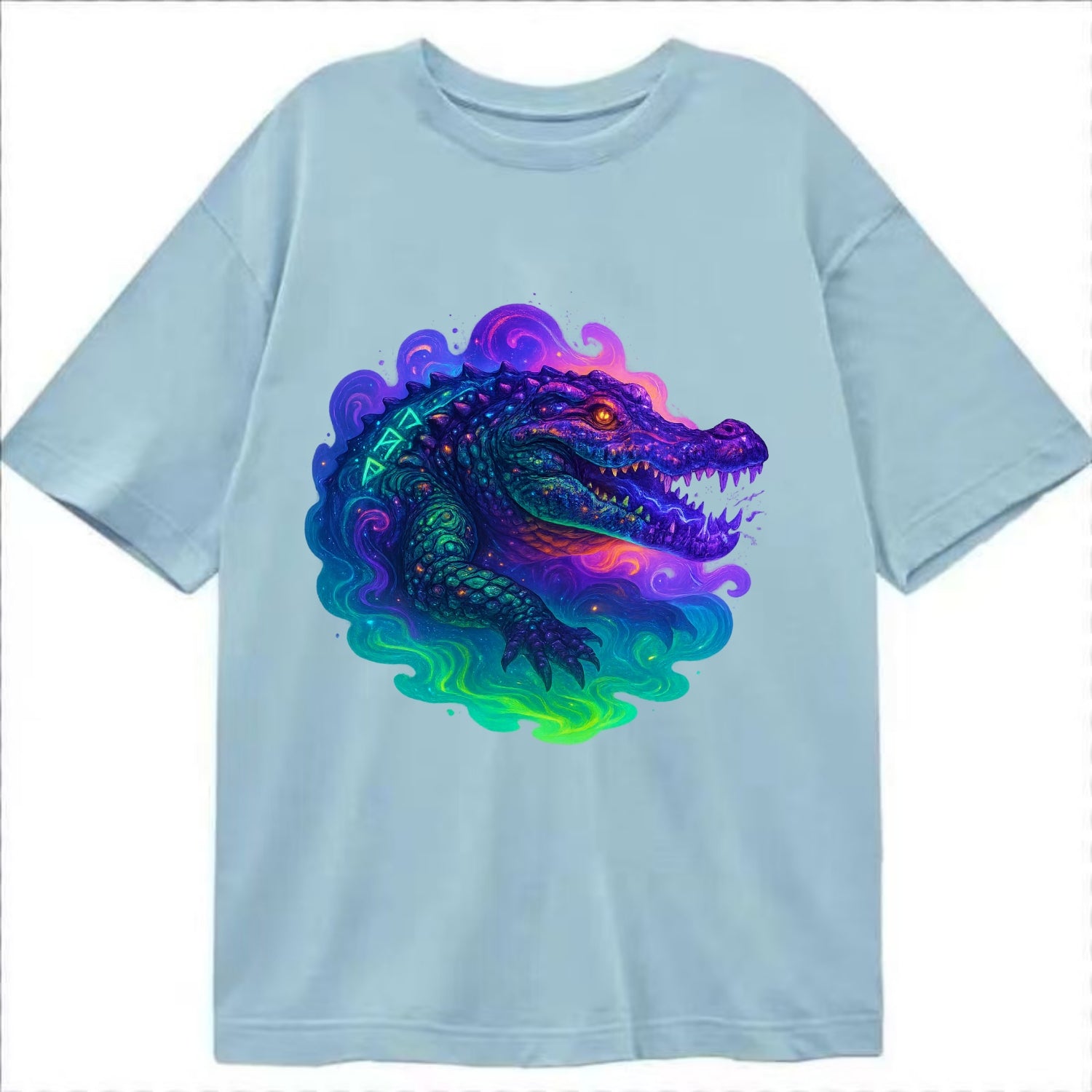 Primordial crocodile with scales pulsing plasma energy in green and purple, - Classic T-shirt - Light Blue