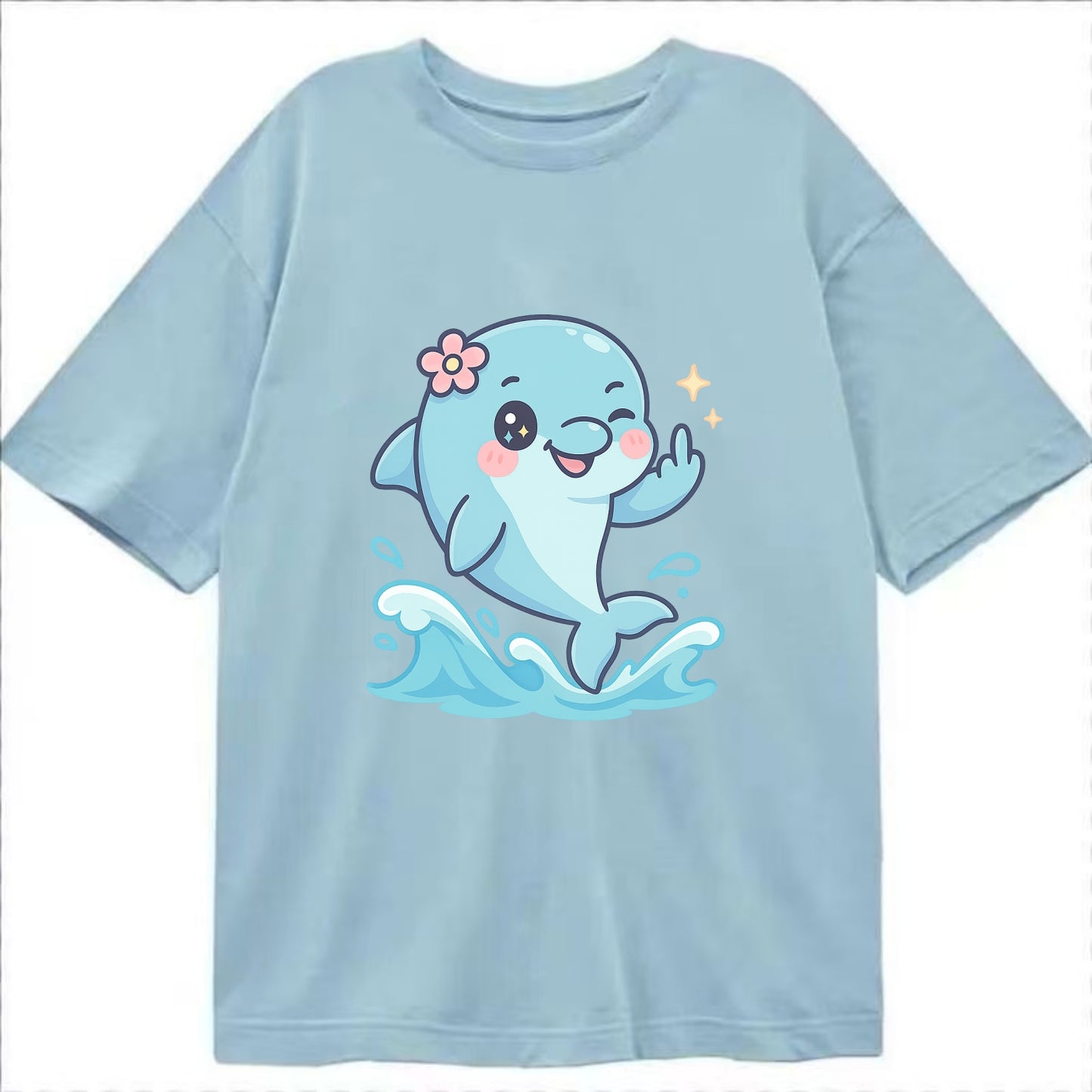 smiling dolphin jumping through ocean waves, one fin up with attitude - Classic T-shirt - Light Blue