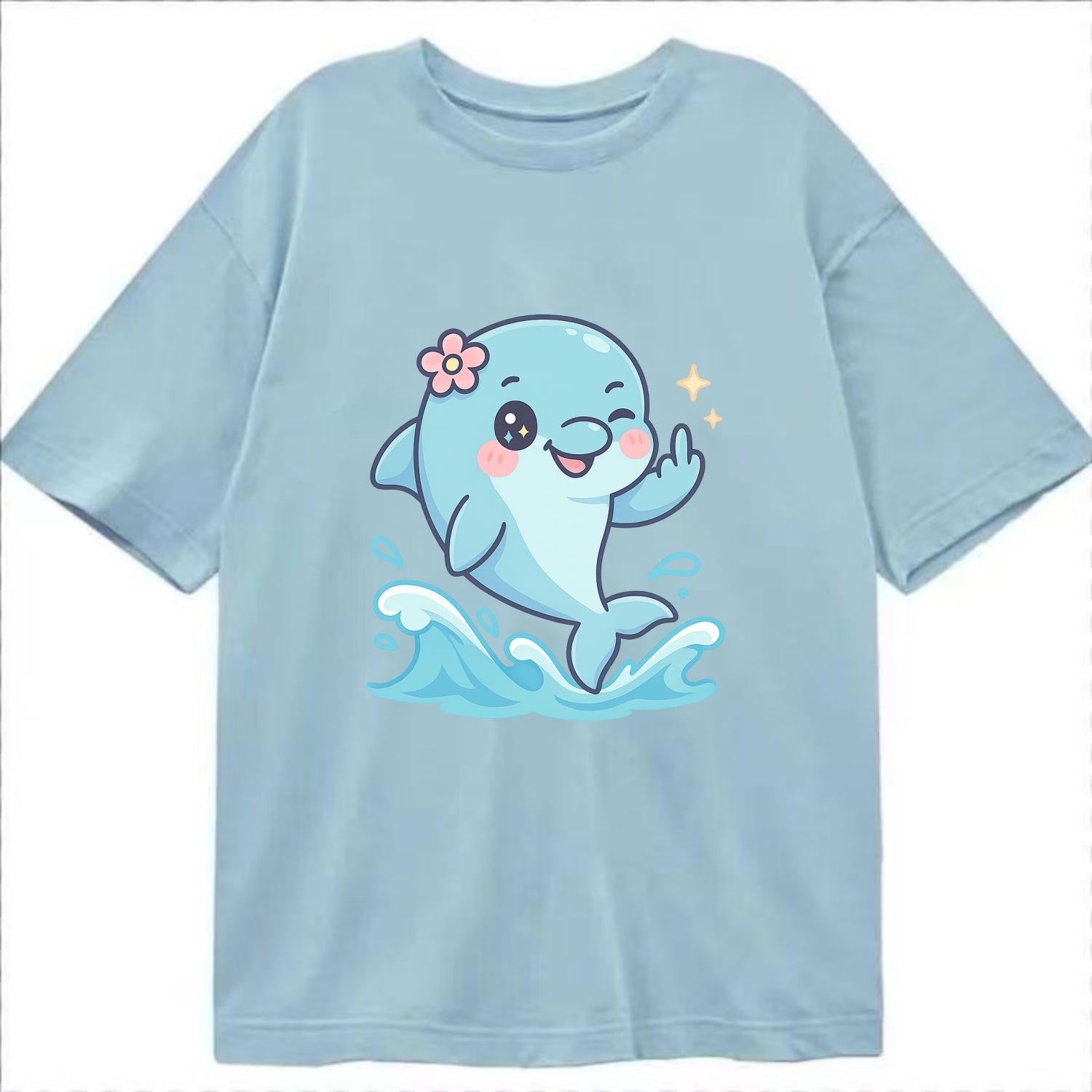 smiling dolphin jumping through ocean waves, one fin up with attitude - Classic T-shirt - Light Blue