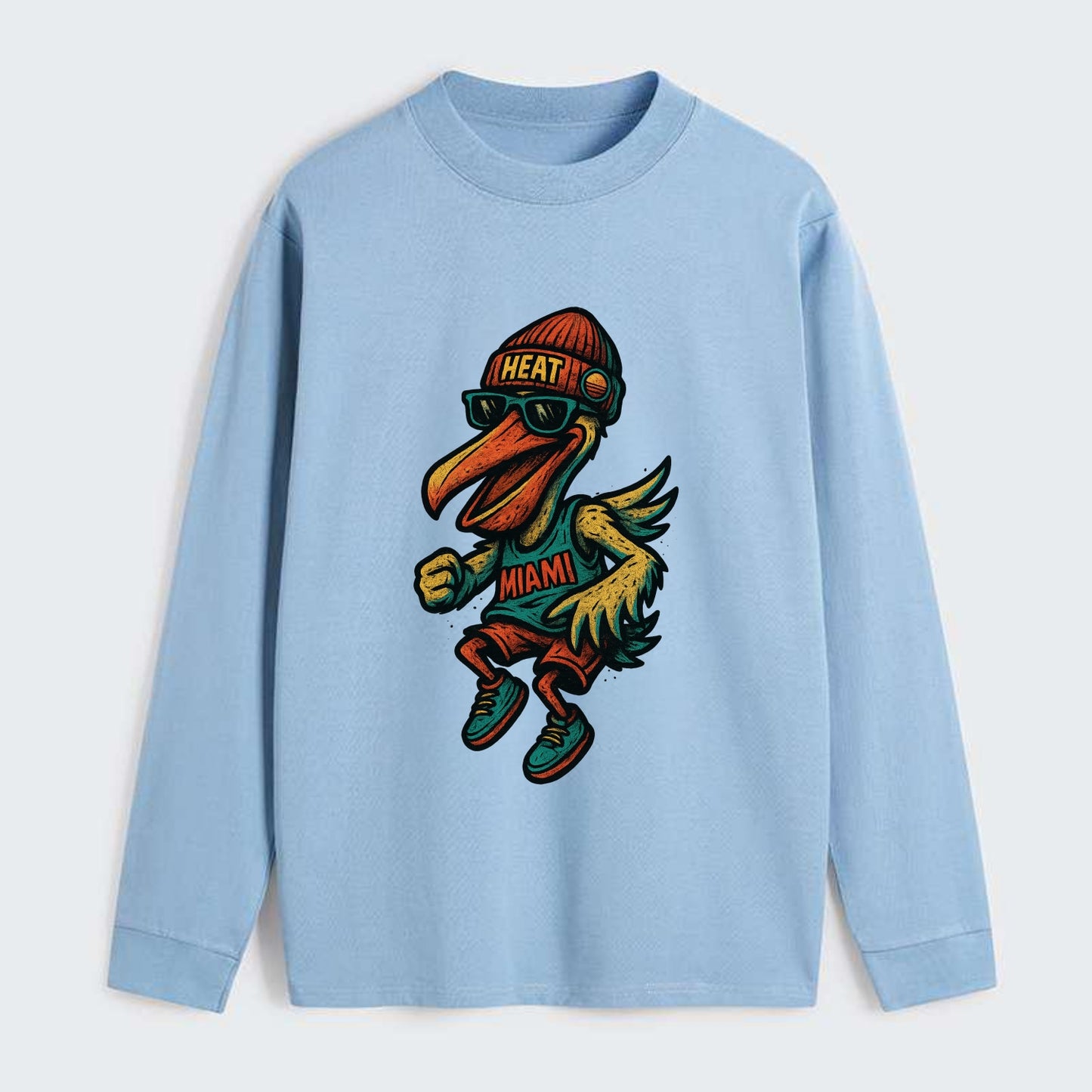 Miami Pelican wearing Heat beanie with sunset patch and wayfarer - Classic Long Sleeve Shirt - Light Blue