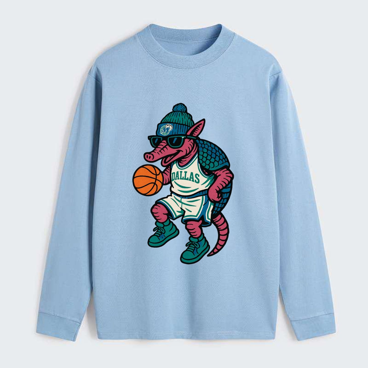 Dallas Armadillo wearing Mavericks beanie with cowboy hat patch and - Classic Long Sleeve Shirt - Light Blue