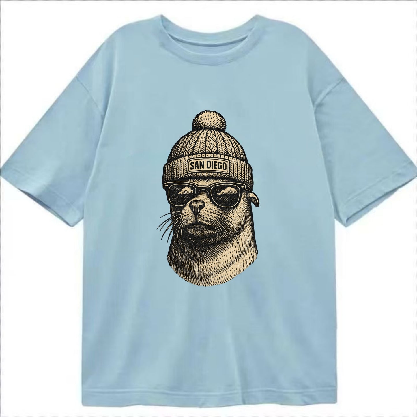 San Diego Sea Lion wearing San Diego beanie with pom pom and wayfarer sunglasses - Classic T-shirt - Light Blue