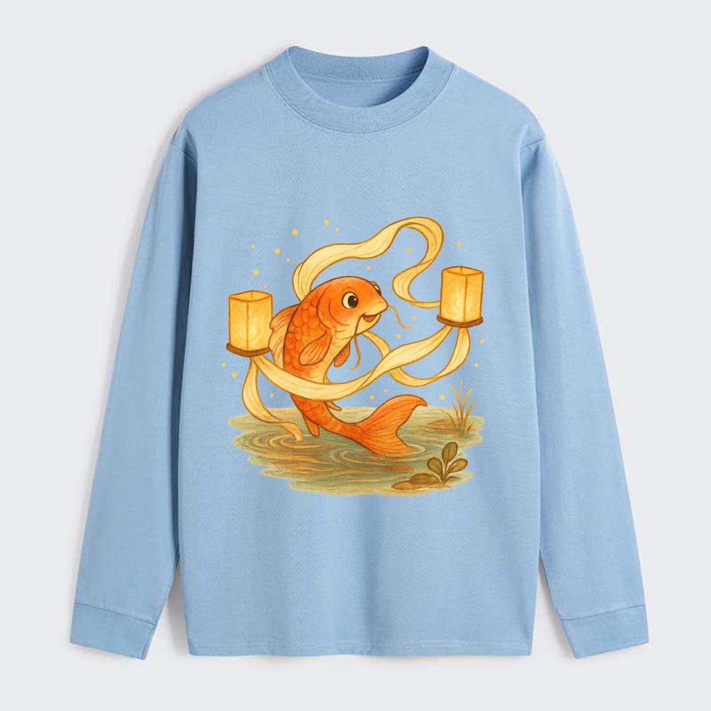 Koi weaving silk streamers through floating lanterns on tranquil water - Classic Long Sleeve Shirt - Light Blue
