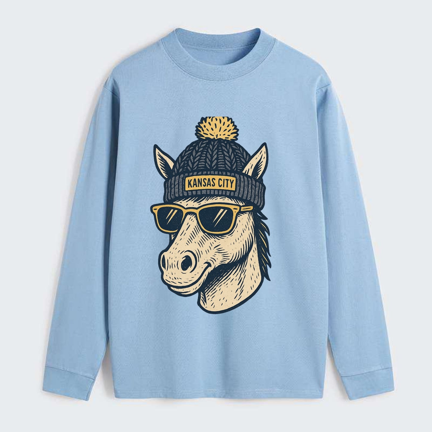 Missouri Mule wearing Kansas City beanie with pom pom and wayfarer - Classic Long Sleeve Shirt - Light Blue