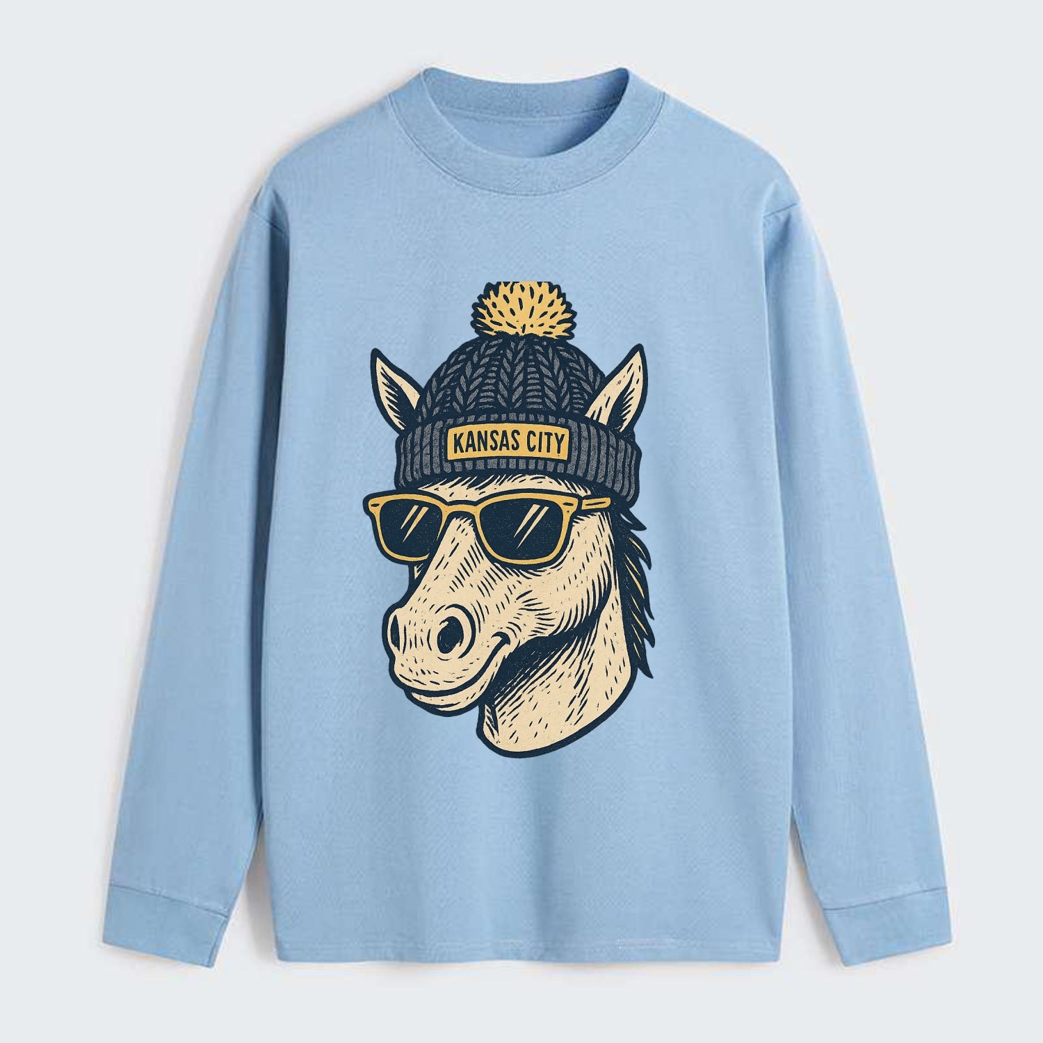 Missouri Mule wearing Kansas City beanie with pom pom and wayfarer - Classic Long Sleeve Shirt - Light Blue