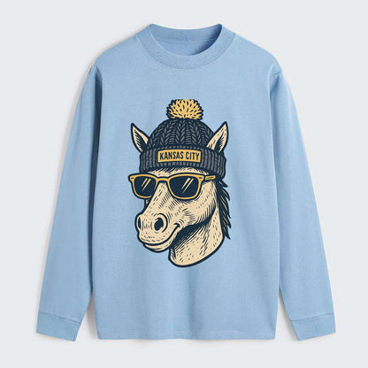 Missouri Mule wearing Kansas City beanie with pom pom and wayfarer - Classic Long Sleeve Shirt - Light Blue