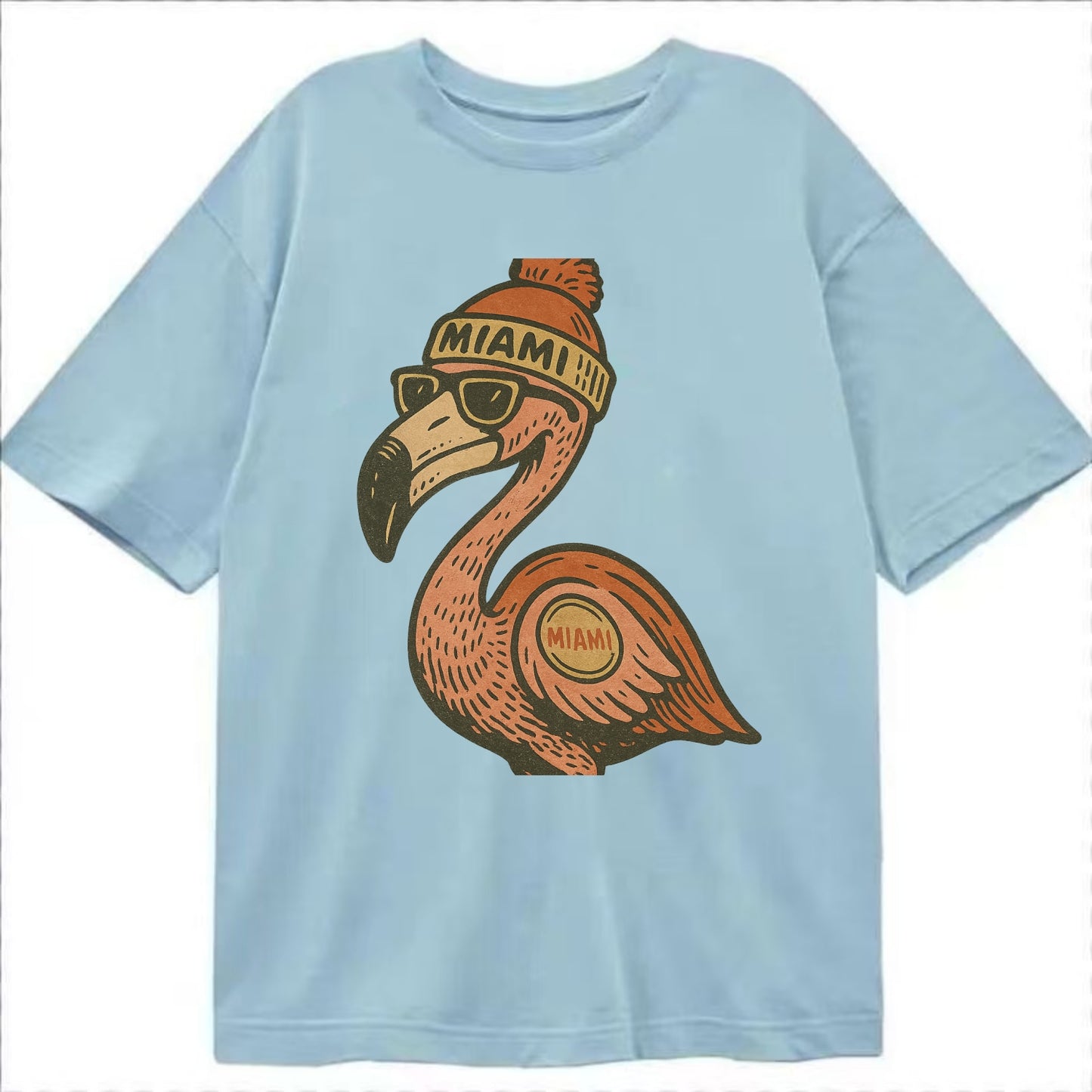 Miami Flamingo wearing Miami beanie with pom pom and wayfarer sunglasses - Classic T-shirt - Light Blue