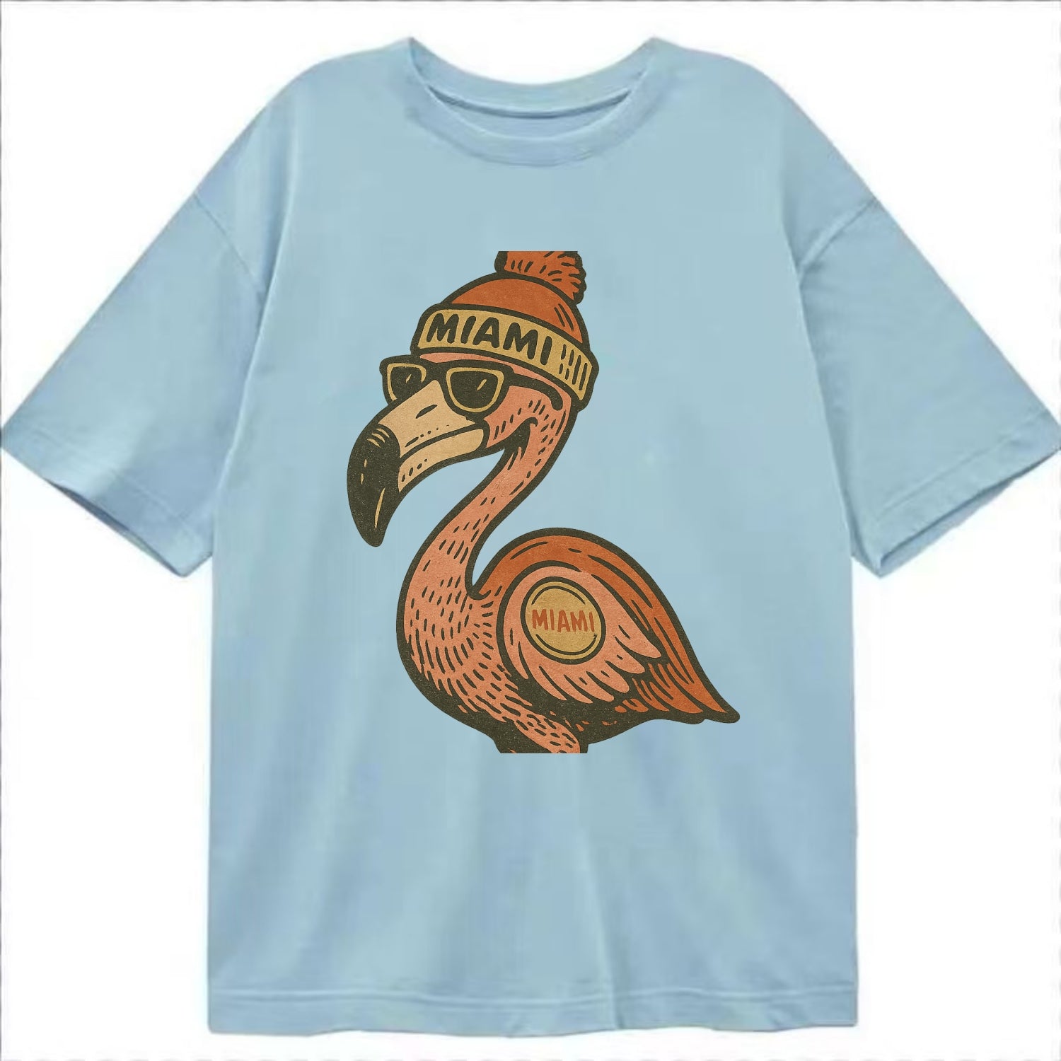 Miami Flamingo wearing Miami beanie with pom pom and wayfarer sunglasses - Classic T-shirt - Light Blue