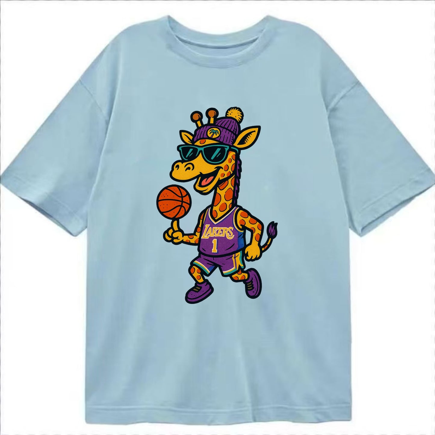 California Giraffe wearing Lakers beanie with palm tree patch and wayfarer - Classic T-shirt - Light Blue