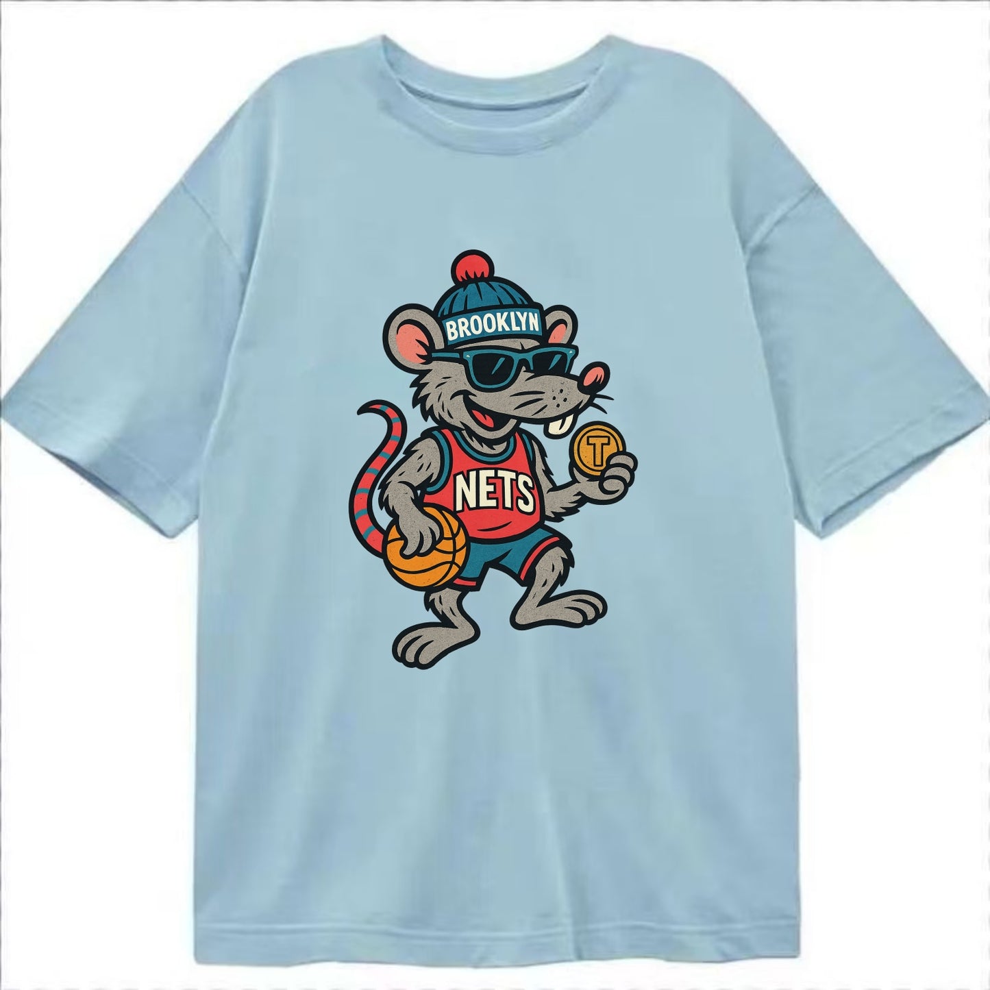 Brooklyn Rat wearing Nets beanie with subway token and wayfarer sunglasses - Classic T-shirt - Light Blue