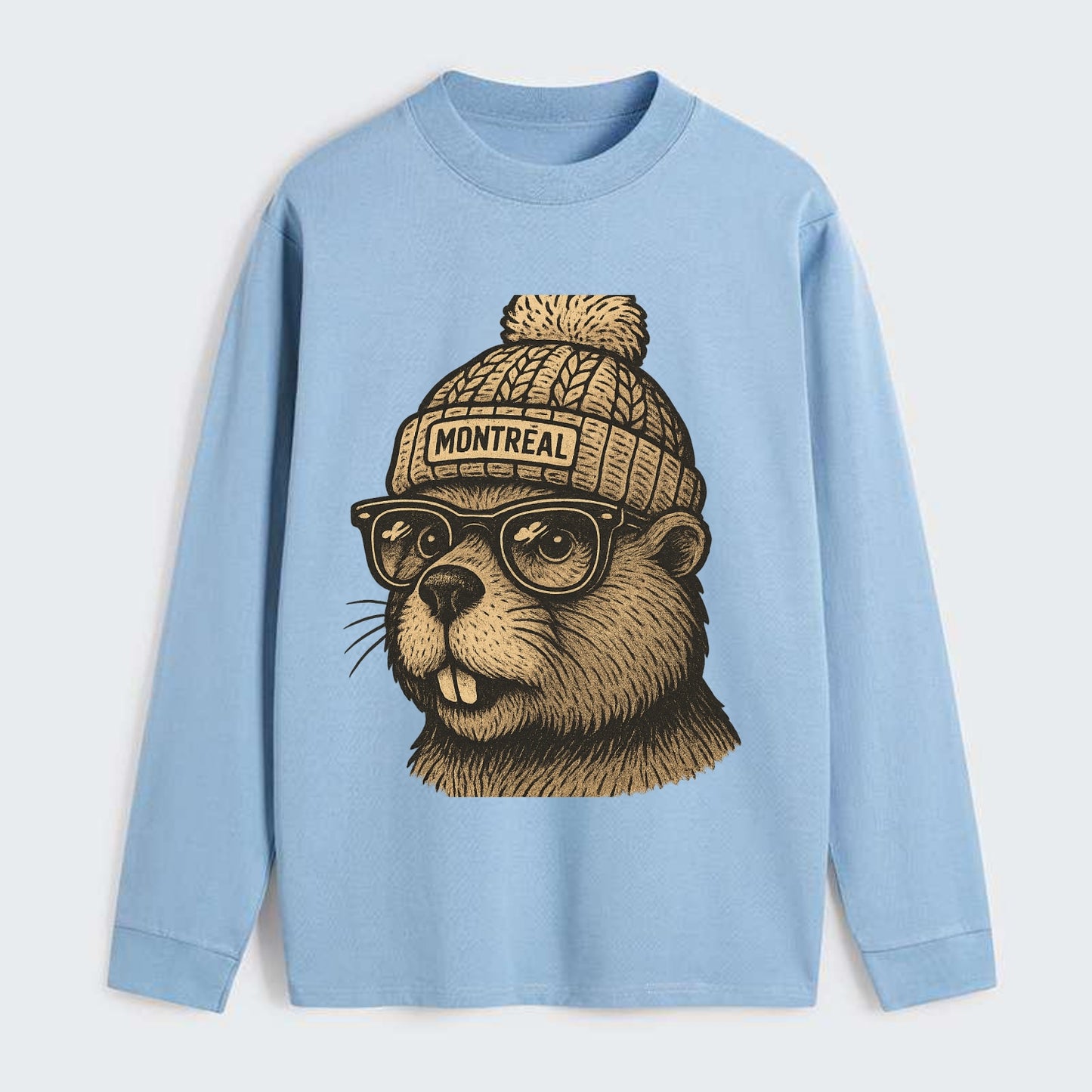 Montreal Beaver wearing Montreal beanie with pom pom and wayfarer - Classic Long Sleeve Shirt - Light Blue