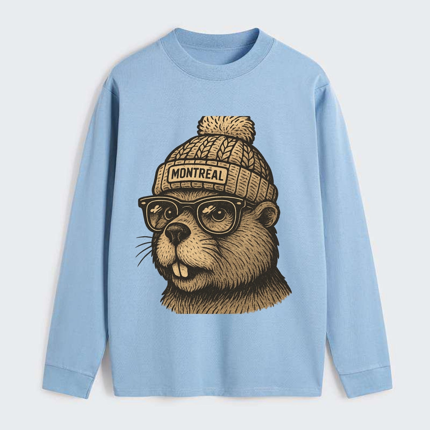 Montreal Beaver wearing Montreal beanie with pom pom and wayfarer - Classic Long Sleeve Shirt - Light Blue