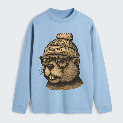 Montreal Beaver wearing Montreal beanie with pom pom and wayfarer - Classic Long Sleeve Shirt - Light Blue