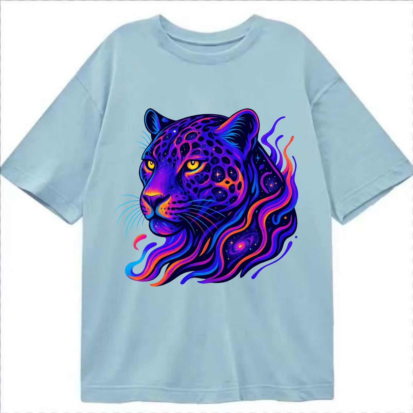 Powerful jaguar with rosettes containing miniature galaxies, cosmic purple and - Classic T-shirt - Light Blue
