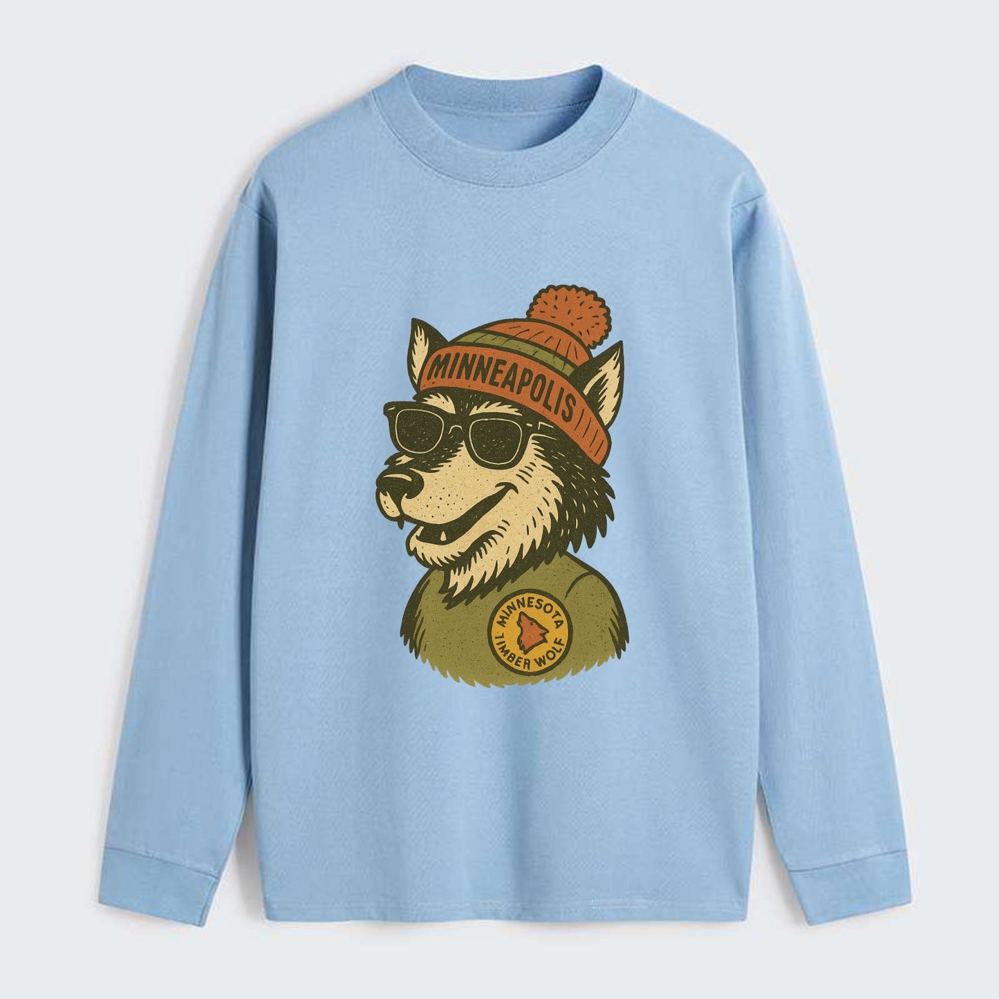 Minnesota Timber Wolf wearing Minneapolis beanie with pom pom and - Classic Long Sleeve Shirt - Light Blue