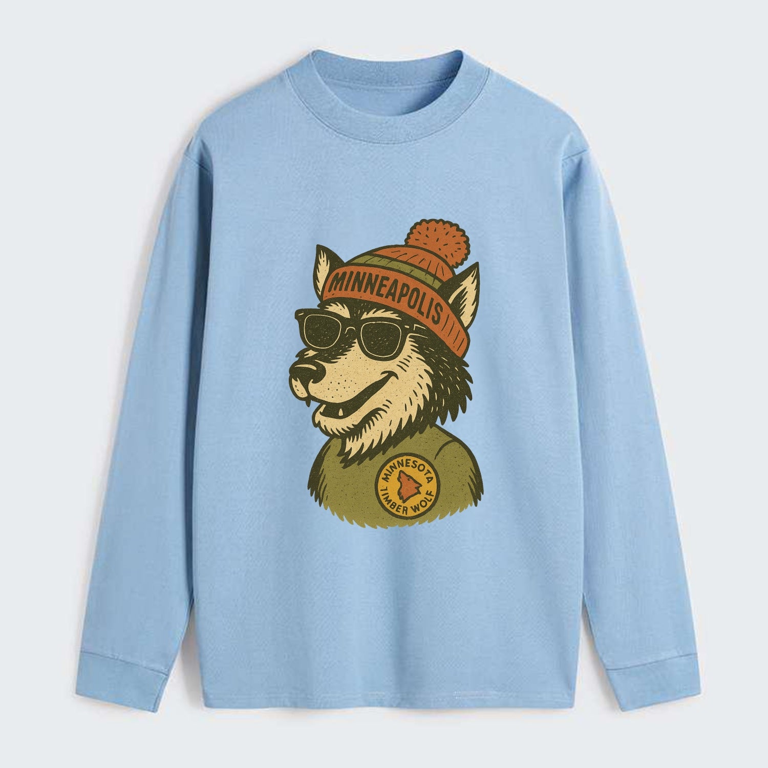 Minnesota Timber Wolf wearing Minneapolis beanie with pom pom and - Classic Long Sleeve Shirt - Light Blue