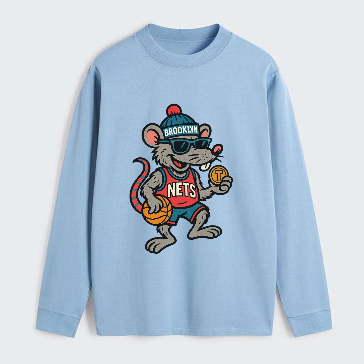 Brooklyn Rat wearing Nets beanie with subway token and wayfarer - Classic Long Sleeve Shirt - Light Blue