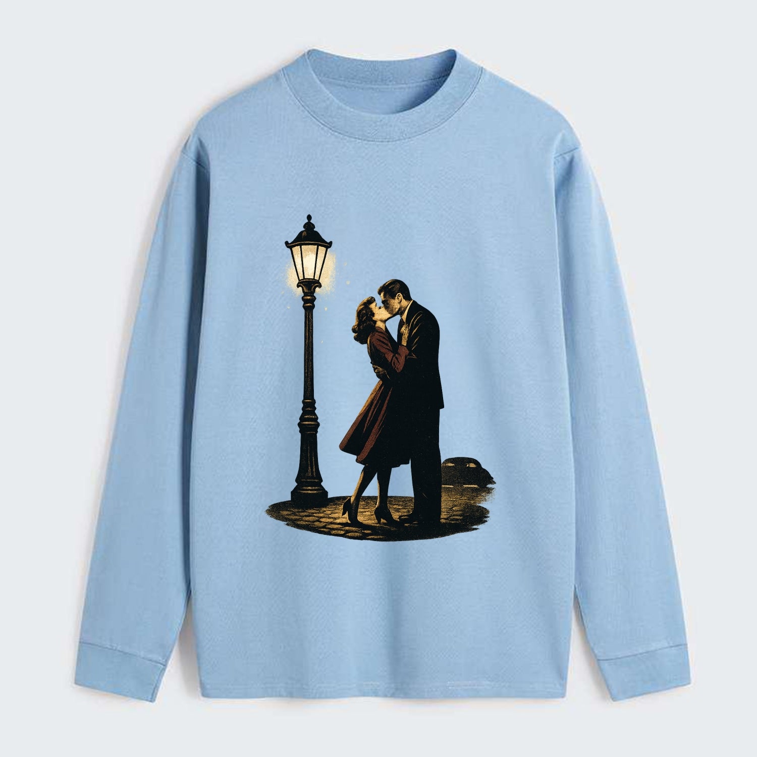 first kiss under vintage street lamp on cobblestone at night - Classic Long Sleeve Shirt - Light Blue