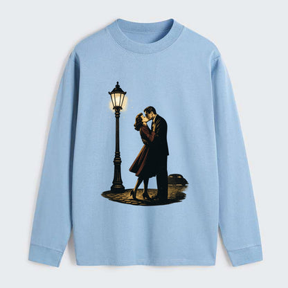 first kiss under vintage street lamp on cobblestone at night - Classic Long Sleeve Shirt - Light Blue
