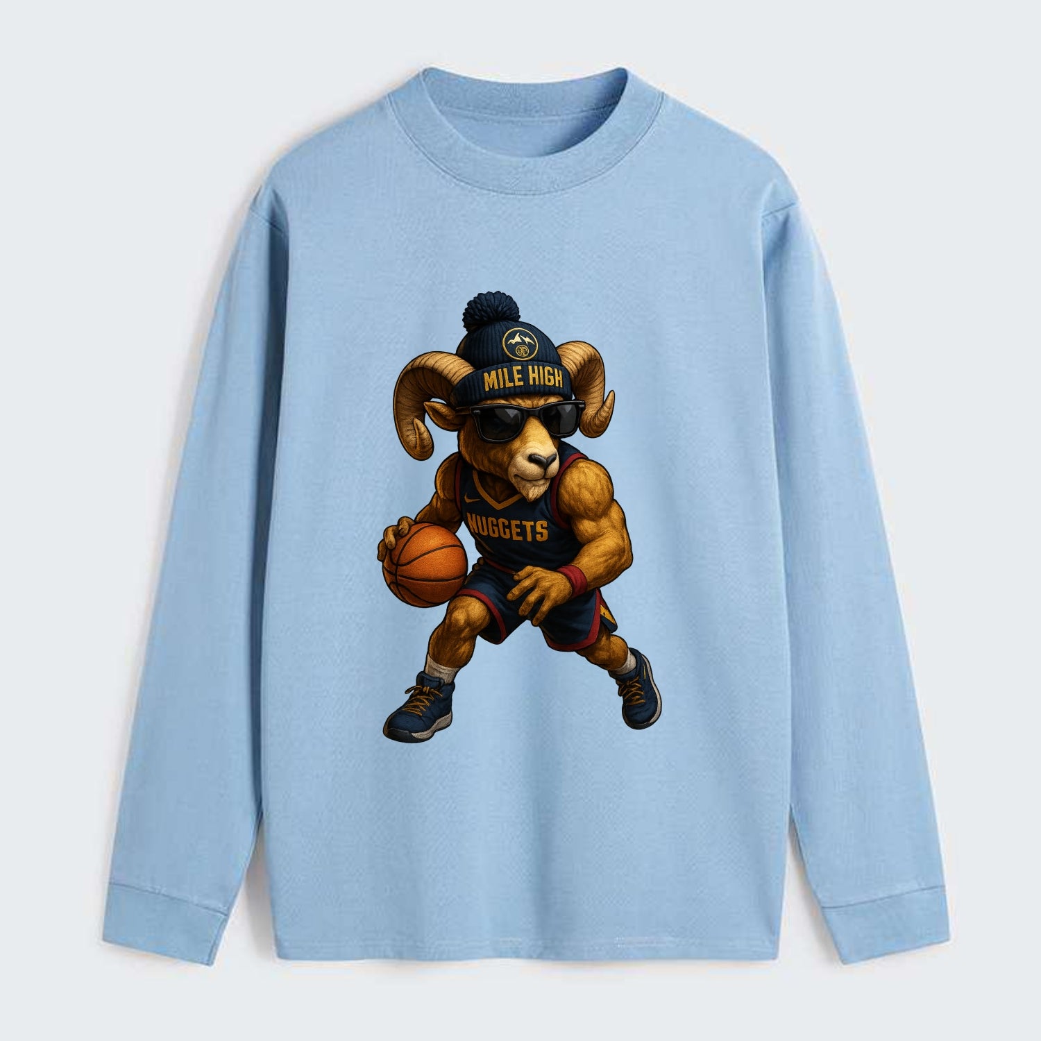 Mile High Bighorn wearing Nuggets beanie with mountain patch and - Classic Long Sleeve Shirt - Light Blue