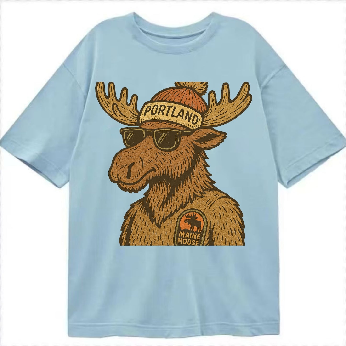 Maine Moose wearing Portland beanie with pom pom and wayfarer sunglasses - Classic T-shirt - Light Blue