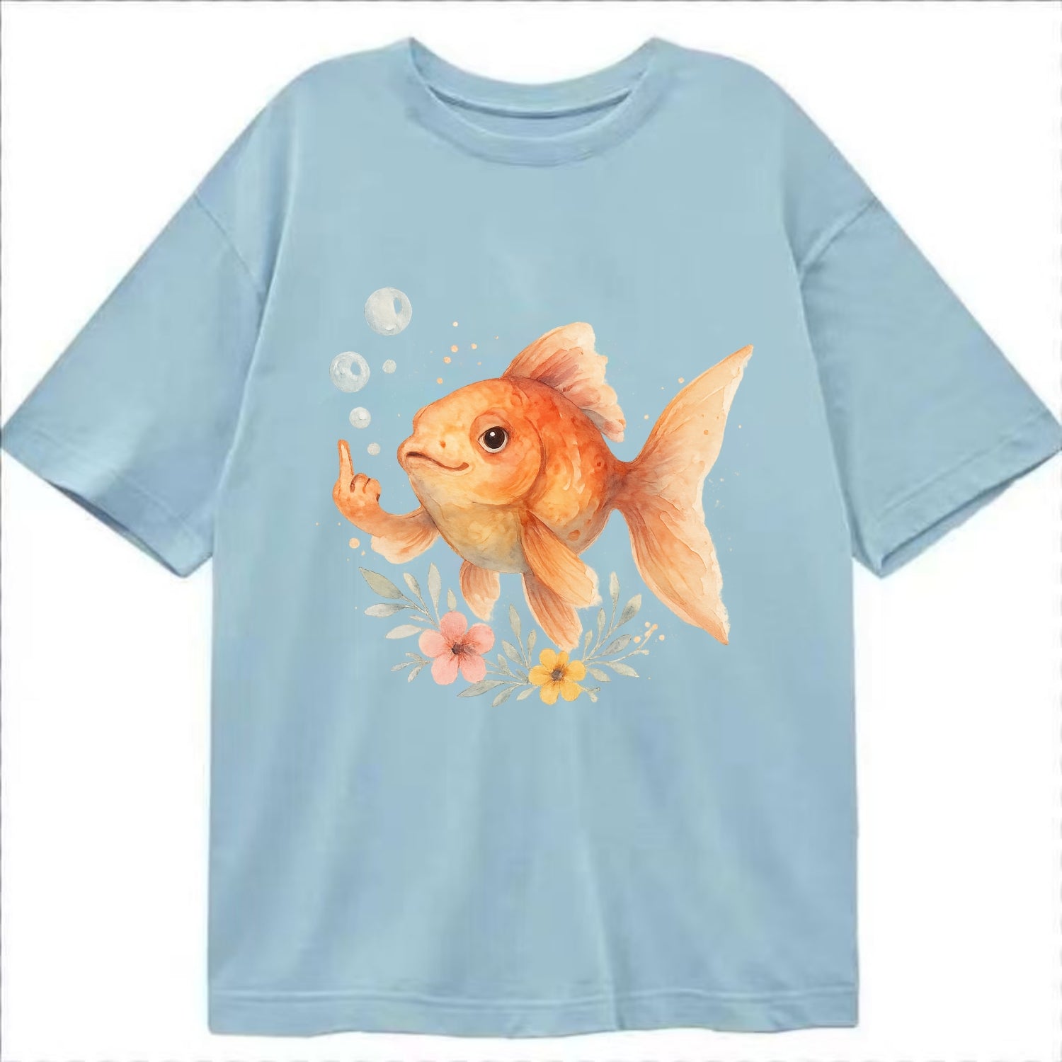 chubby goldfish blowing bubbles, one fin extended like middle finger - Classic T-shirt - Light Blue