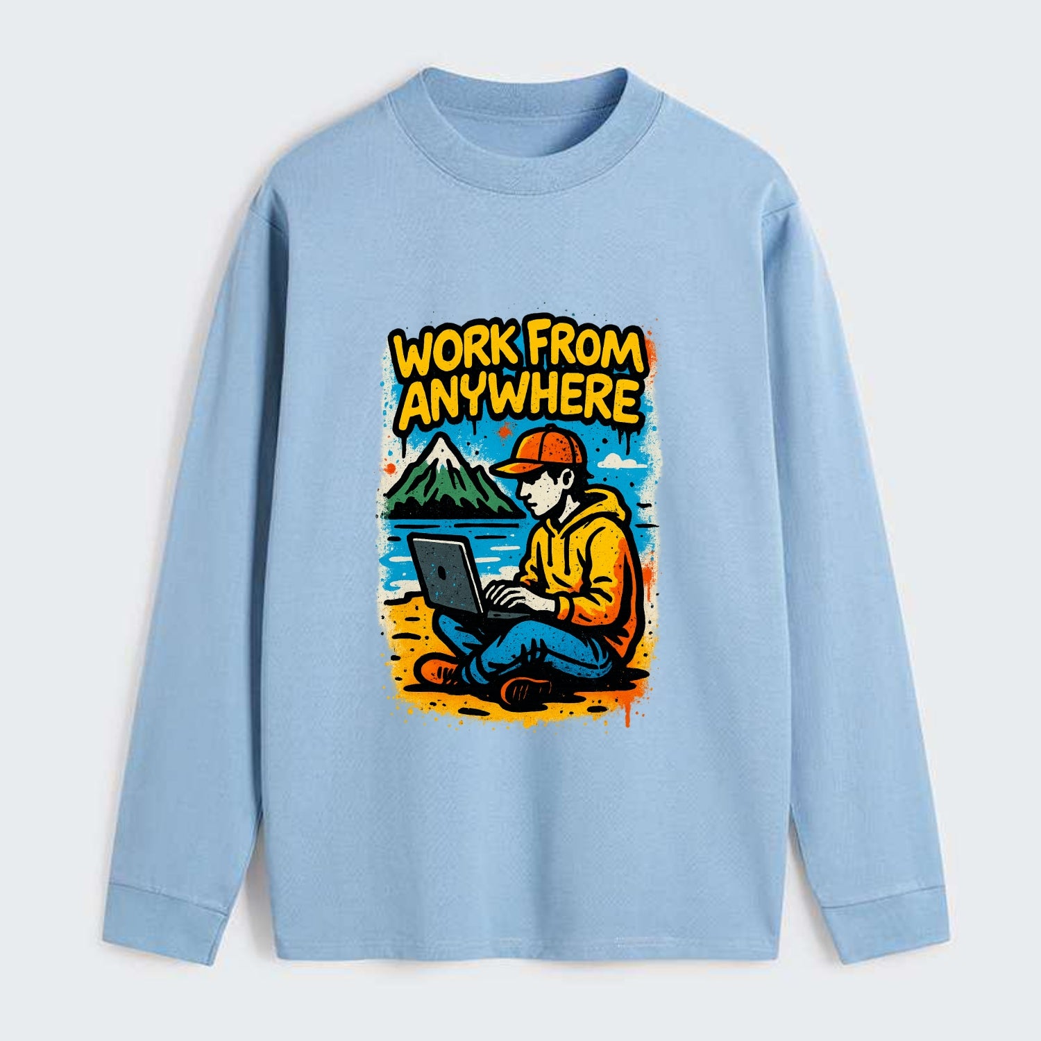 Digital nomad with laptop on beach/mountain - work from anywhere - Classic Long Sleeve Shirt - Light Blue