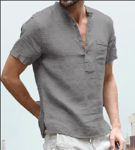 Men's Cotton Linen Stand-Up Collar Henley Shirt