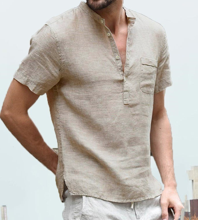 Men's Cotton Linen Stand-Up Collar Henley Shirt