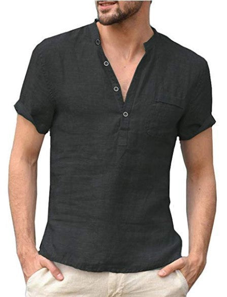 Men's Cotton Linen Stand-Up Collar Henley Shirt