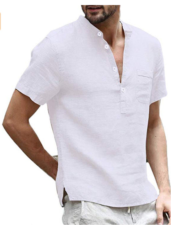 Men's Cotton Linen Stand-Up Collar Henley Shirt
