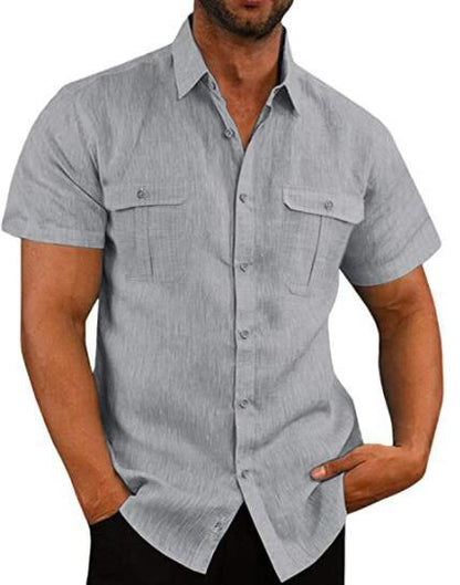Men's Cotton Linen Short Sleeve Shirt - Double Pocket Casual