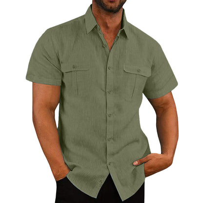 Men's Cotton Linen Short Sleeve Shirt - Double Pocket Casual