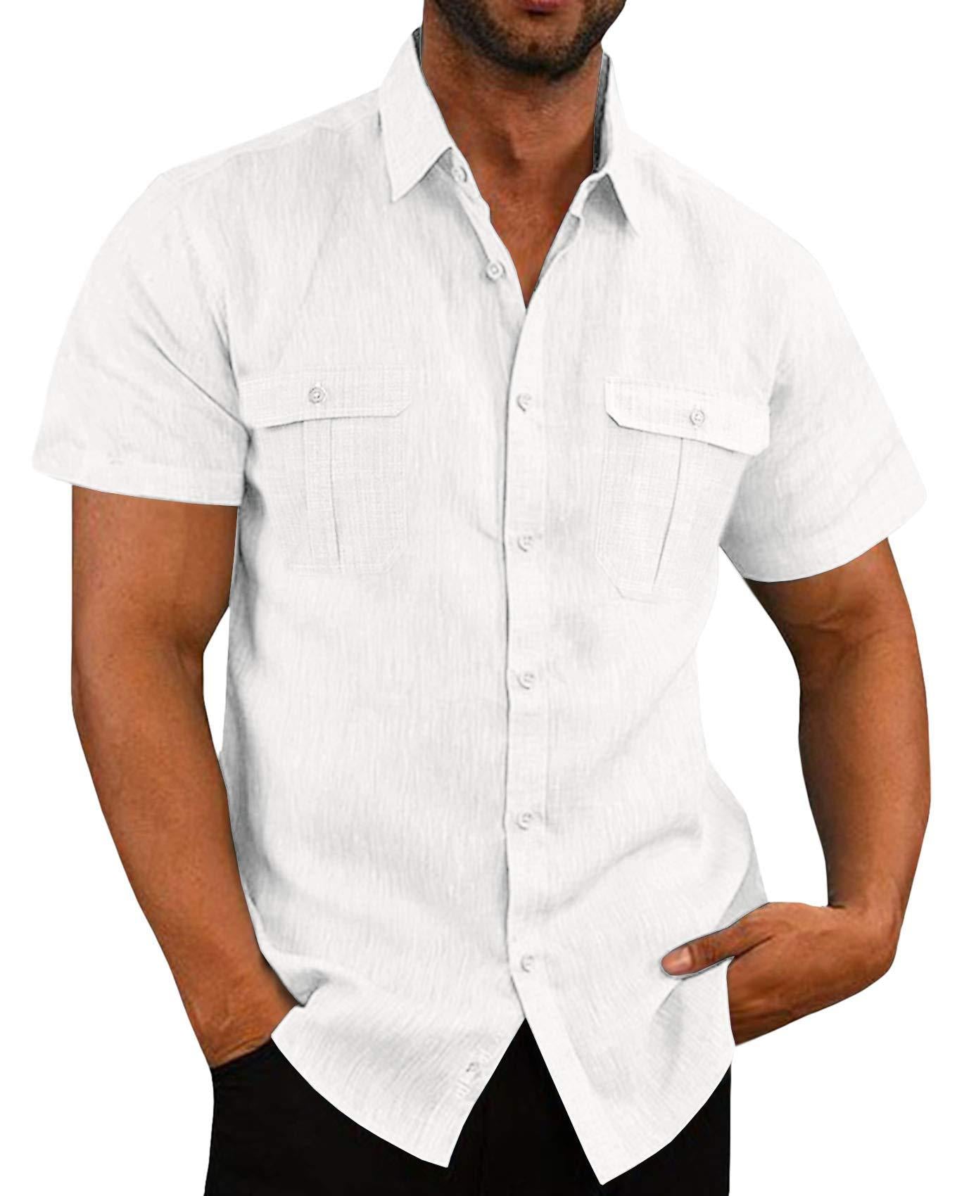 Men's Cotton Linen Short Sleeve Shirt - Double Pocket Casual