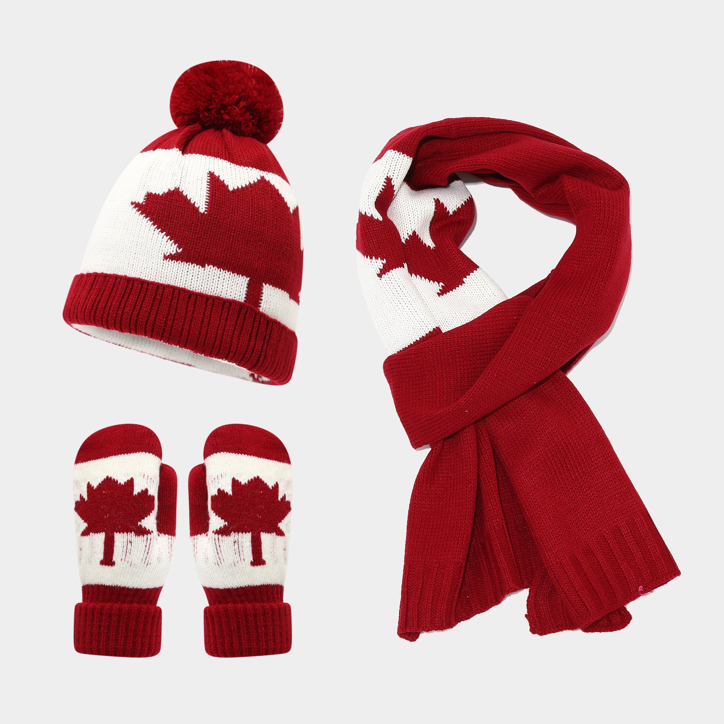 Maple Leaf Knit Hat Scarf & Gloves Set - Warm Winter Style