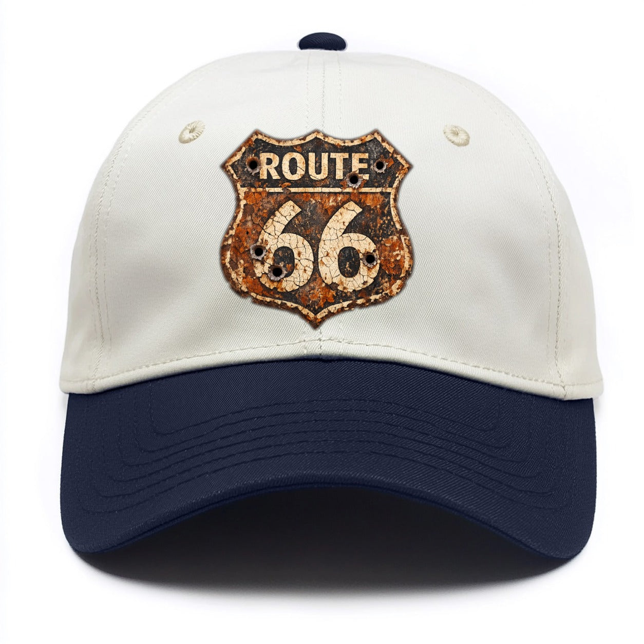 WEATHERED MARKER | Rust-aged Route 66 sign | Desert sun-bleached | Bullet holes - Two Tone Cap - Navy
