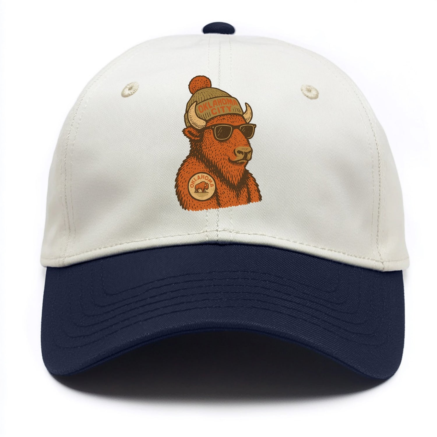 Oklahoma Buffalo wearing Oklahoma City beanie with pom pom and wayfarer sunglasses - Two Tone Cap - Navy