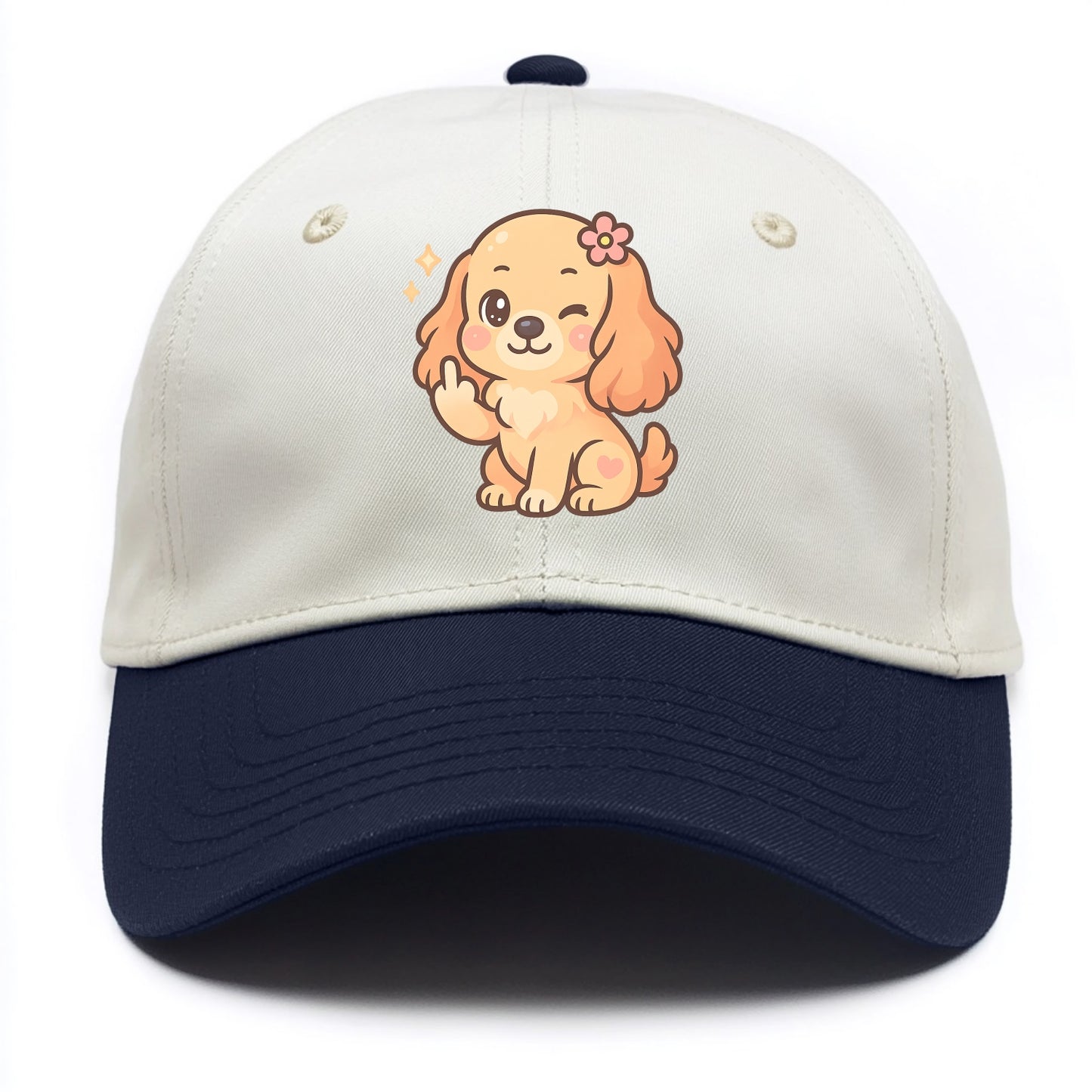 Cocker Spaniel with long wavy ears, gentle face, paw flipping off - Two Tone Cap - Navy
