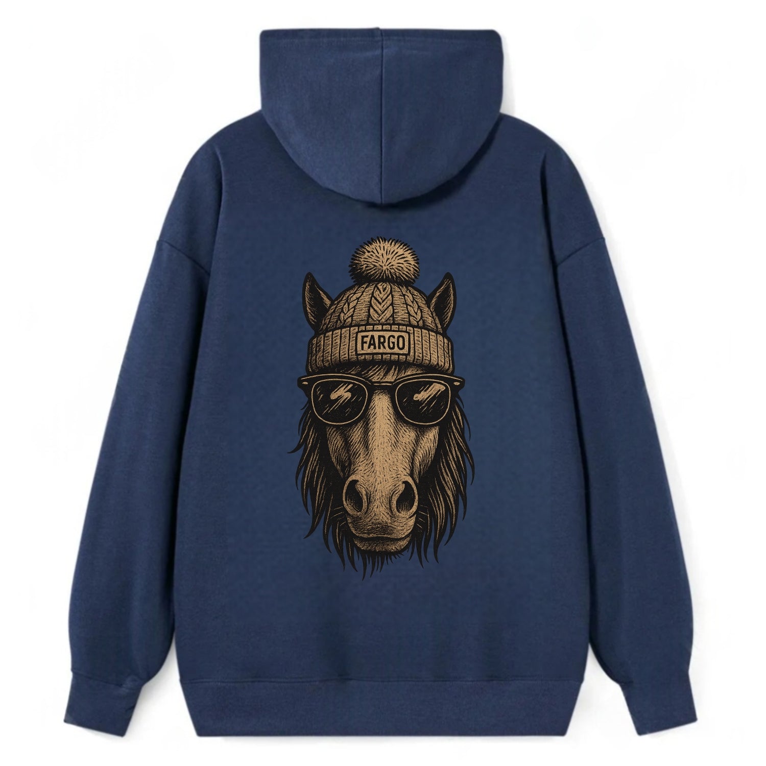 North Dakota Nokota Horse wearing Fargo beanie with pom pom and wayfarer - Classic Pullover Hoodie - Navy