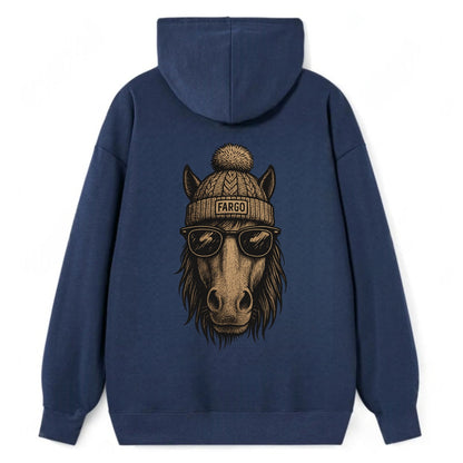 North Dakota Nokota Horse wearing Fargo beanie with pom pom and wayfarer - Classic Pullover Hoodie - Navy