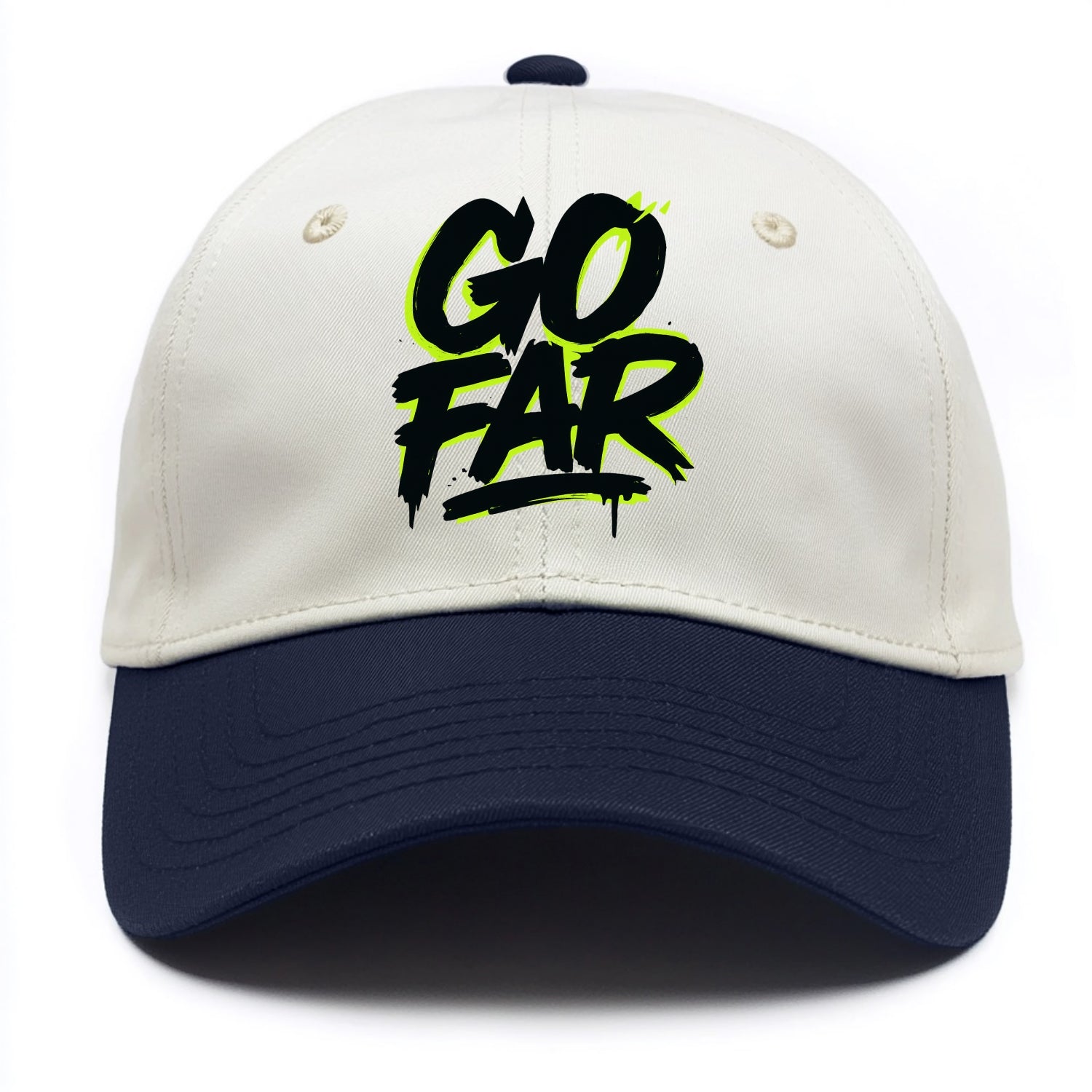 Bold typography design - "GO FAR" - distance goals, pushing limits - Two Tone Cap - Navy