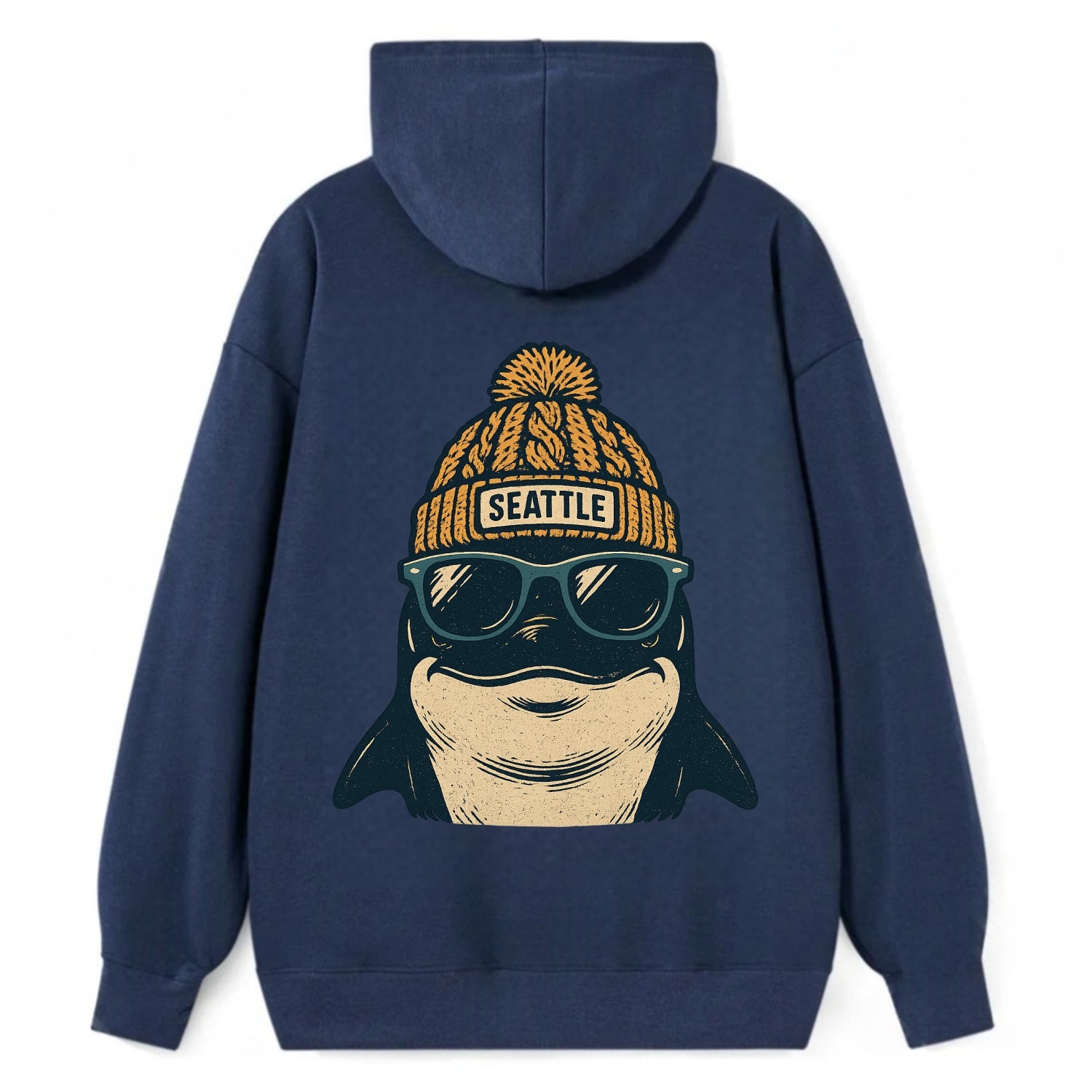 Seattle Orca wearing Seattle beanie with pom pom and wayfarer sunglasses - Classic Pullover Hoodie - Navy