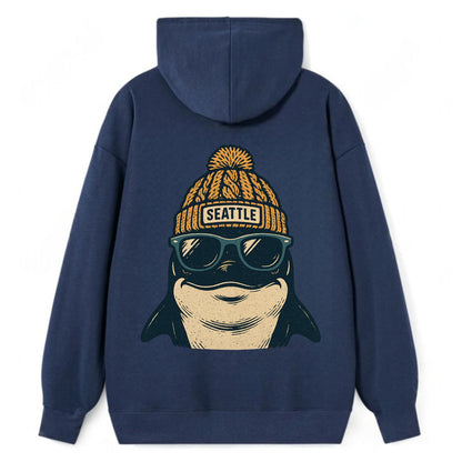 Seattle Orca wearing Seattle beanie with pom pom and wayfarer sunglasses - Classic Pullover Hoodie - Navy