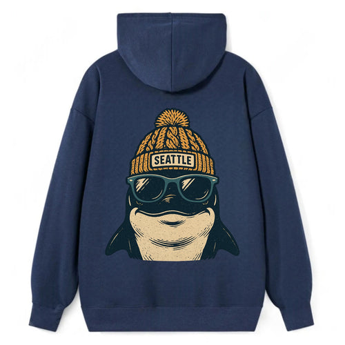 Seattle Orca wearing Seattle beanie with pom pom and wayfarer sunglasses - Classic Pullover Hoodie